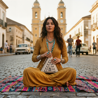 Woman in mustard yellow outfit sitting on a colorful rug in an urban setting with buildings and people in the background.