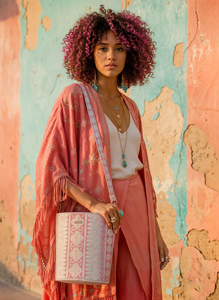 Woman in a pink outfit holding a patterned bag against a textured wall.