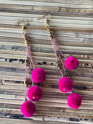 Bali Breeze Pom Pom Earrings (Fuschia)