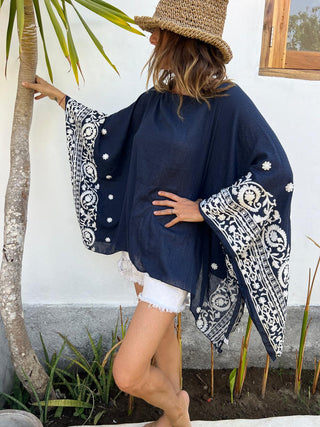 Embroidered Flowy Top (Free Size) NAVY BLUE