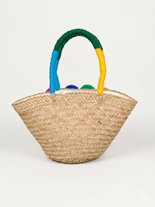 Handmade Bali Woven Basket Bag with Pom Poms | 01