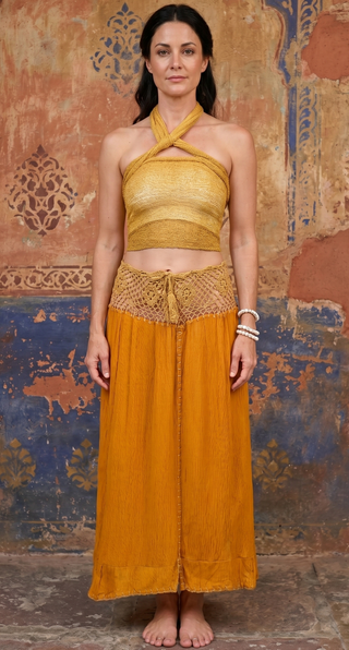 Handmade Bali Crochet Waist Maxi Skirt in Marigold