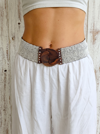 Balinese Handmade Adjustable Beaded Belt with Wooden Buckle | Natural Ivory