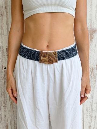 Balinese Handmade Adjustable Beaded Belt with Wooden Buckle | Charcoal