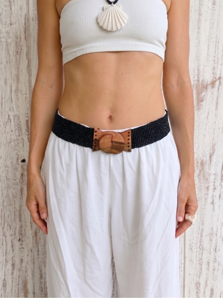 Balinese Handmade Adjustable Beaded Belt with Wooden Buckle | Black