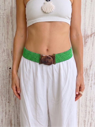 Balinese Handmade Adjustable Beaded Belt with Wooden Buckle | Green