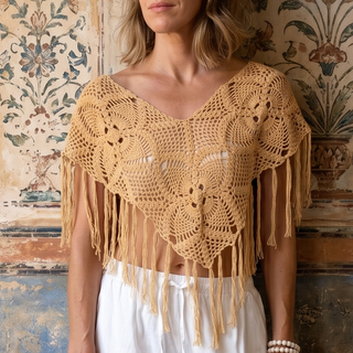 Woman wearing a crochet top and white pants, holding a straw bag against an ornate wall.