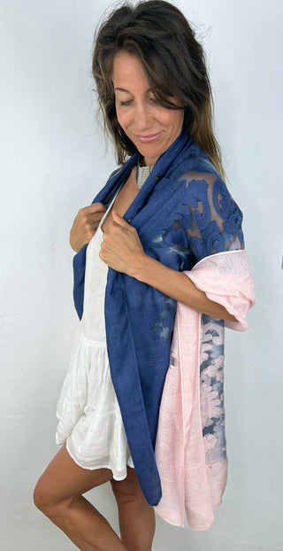 4 in 1 - Silk Dress / Top / Pashmina / Scarf (Free Size) NAVY & BABY PINK