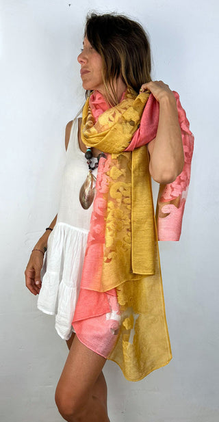 4 in 1 - Silk Dress/Top/Pashmina/Scarf (Free Size) GOLD & PINK