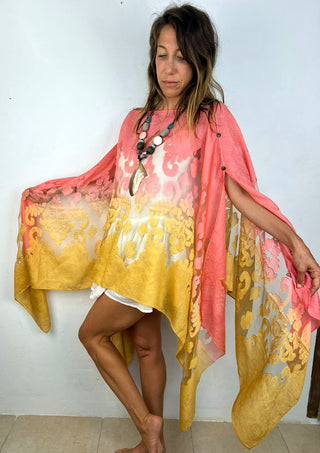 4 in 1 - Silk Dress/Top/Pashmina/Scarf (Free Size) GOLD & PINK