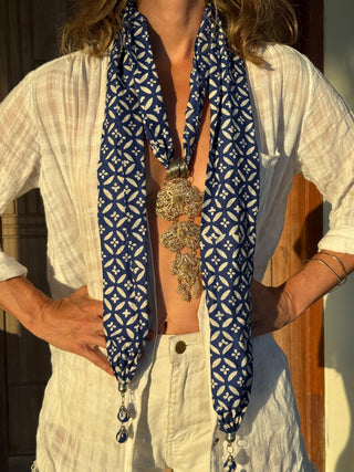 Batik Scarf Necklace with Statement Pendant | Blue