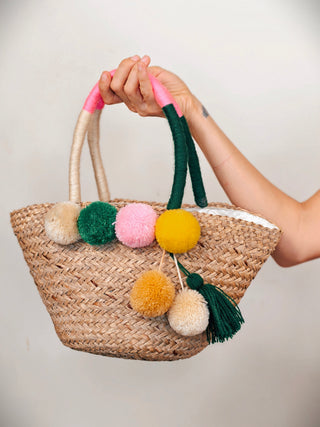 Handmade Bali Woven Basket Bag with Pom Poms | 02