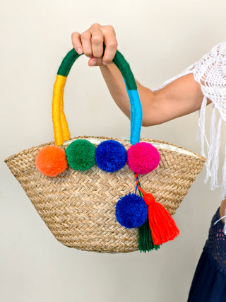 Handmade Bali Woven Basket Bag with Pom Poms | 01