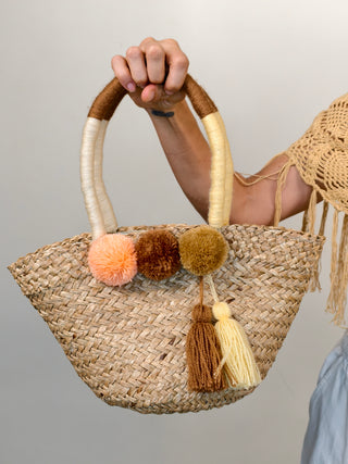 Handmade Bali Woven Basket Bag with Pom Poms | 03