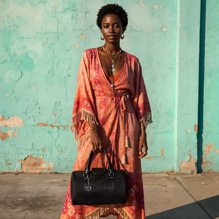Woman in a patterned dress holding a black handbag against a textured teal wall.