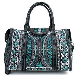 Patterned handbag with teal and black design on a white background