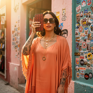 Woman in an orange dress and cardigan taking a selfie in front of a colorful wall with stickers.