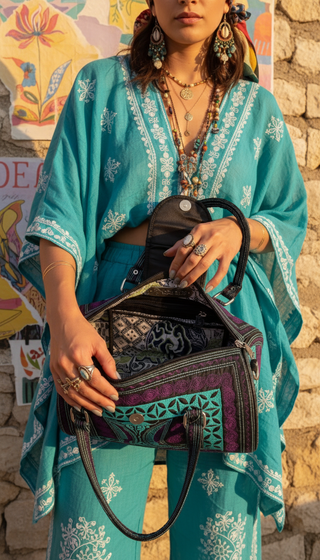 Person wearing a turquoise embroidered outfit holding a patterned handbag against a colorful wall.