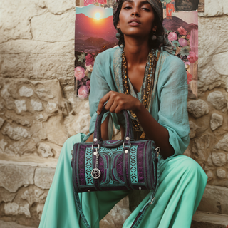 Woman holding a patterned handbag against a stone wall with a colorful mural in the background