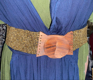 Balinese Handmade Adjustable Beaded Belt with Wooden Buckle (Gold)