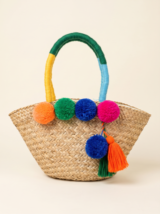 Handmade Bali Woven Basket Bag with Pom Poms | 01