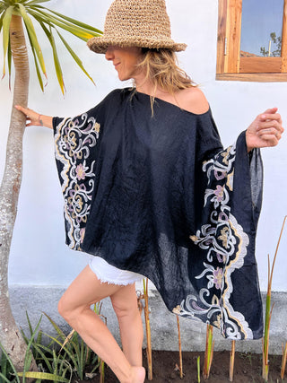 Embroidered Flowy Top (Free Size) BLACK (Purple flowers)