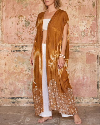 Handmade Bali Printed Long Kimono in Amber Brown