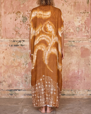 Handmade Bali Printed Long Kimono in Amber Brown
