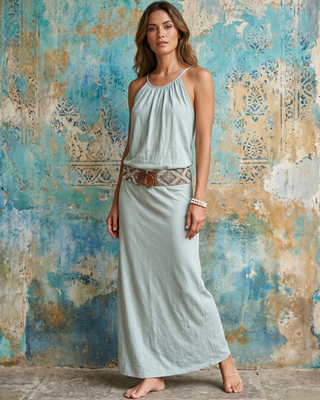 Handmade Bali Soft Cotton Halter Maxi Dress in Seafoam