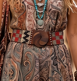 Handmade Beaded Stretch Belt with Wooden Buckle | SQUARES