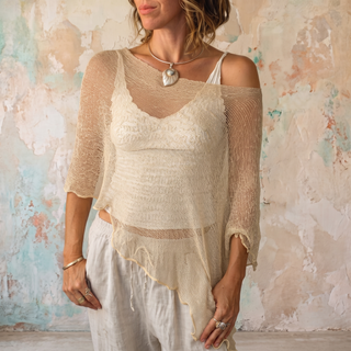 Hand-Knit Asymmetrical Poncho Top | Beige