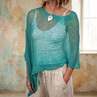 Hand-Knit Asymmetrical Poncho Top | Turquoise