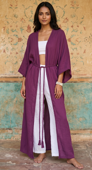 Handmade Bali Long Soft Cotton Kimono Top | Plum