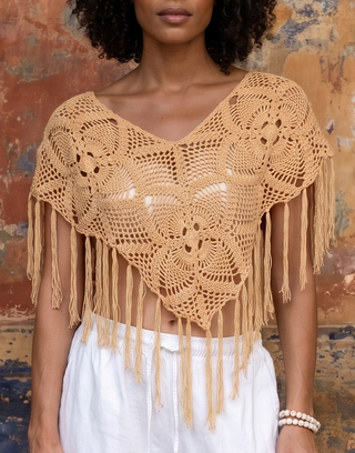 Handmade Bali Crochet Fringe Top in Sand