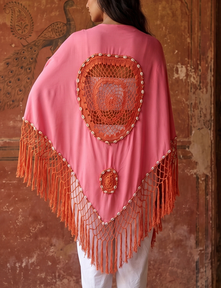 Handmade Bali Pink Poncho with Crochet Fringe and Shell Details
