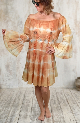 Handmade Bali Embroidered Off Shoulder Dress in Sunset Orange