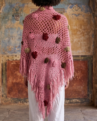 Handmade Pink Crochet Shawl with 3D Flower Details
