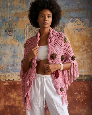 Handmade Pink Crochet Shawl with 3D Flower Details