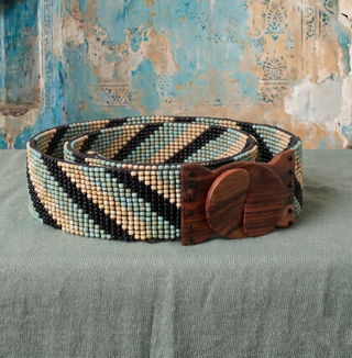 Handmade Beaded Stretch Belt with Wooden Buckle | LINES