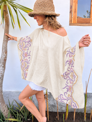 Embroidered Flowy Top (Free Size) Cream