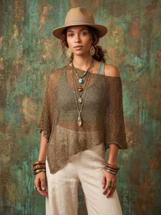 Hand-Knit Asymmetrical Poncho Top | Gold Trim