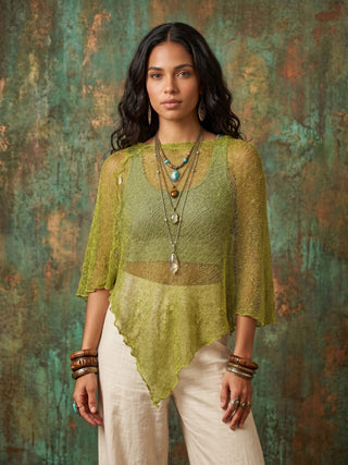 Hand-Knit Asymmetrical Poncho Top | Neon Green