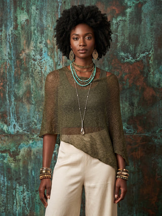 Hand-Knit Asymmetrical Poncho Top | Army Green