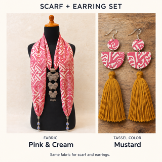 Pink & Cream scarf and matching fabric-covered earrings with Mustard cotton tassels.