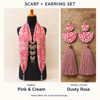 Pink & Cream scarf and matching fabric-covered earrings with Dusty Rose cotton tassels.