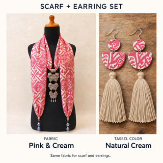 Pink & Cream scarf and matching fabric-covered earrings with Natural Cream cotton tassels.