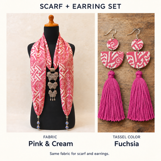 Pink & Cream scarf and matching fabric-covered earrings with Fuchsia cotton tassels.