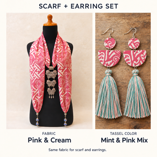 Pink & Cream scarf and matching fabric-covered earrings with Mint & Pink Mix cotton tassels.