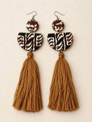 Earring design example with fabric-covered sections and cotton tassels. Your earrings use your selected scarf fabric and tassel color.