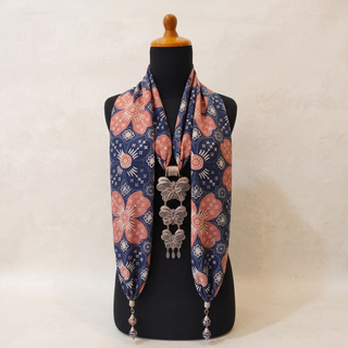 Navy & Coral Floral hand-stamped cotton scarf. Choose this fabric for both your scarf and earrings.